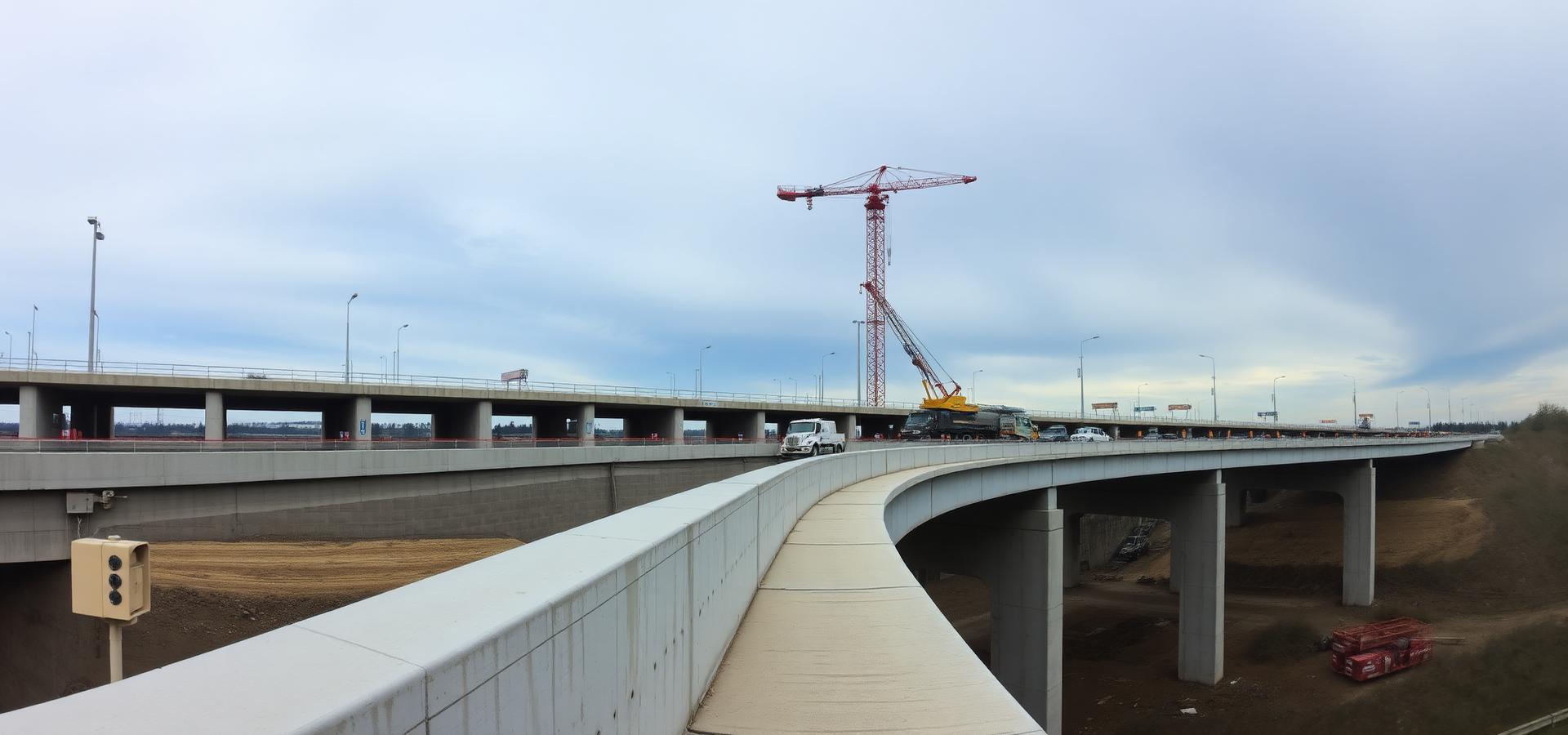 Highway bridge under construction with a crane