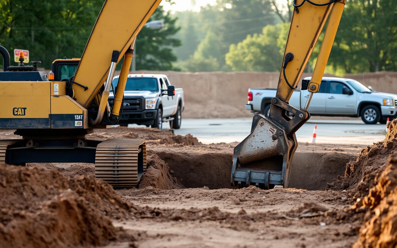 Excavator digging a utility trench with work trucks on site