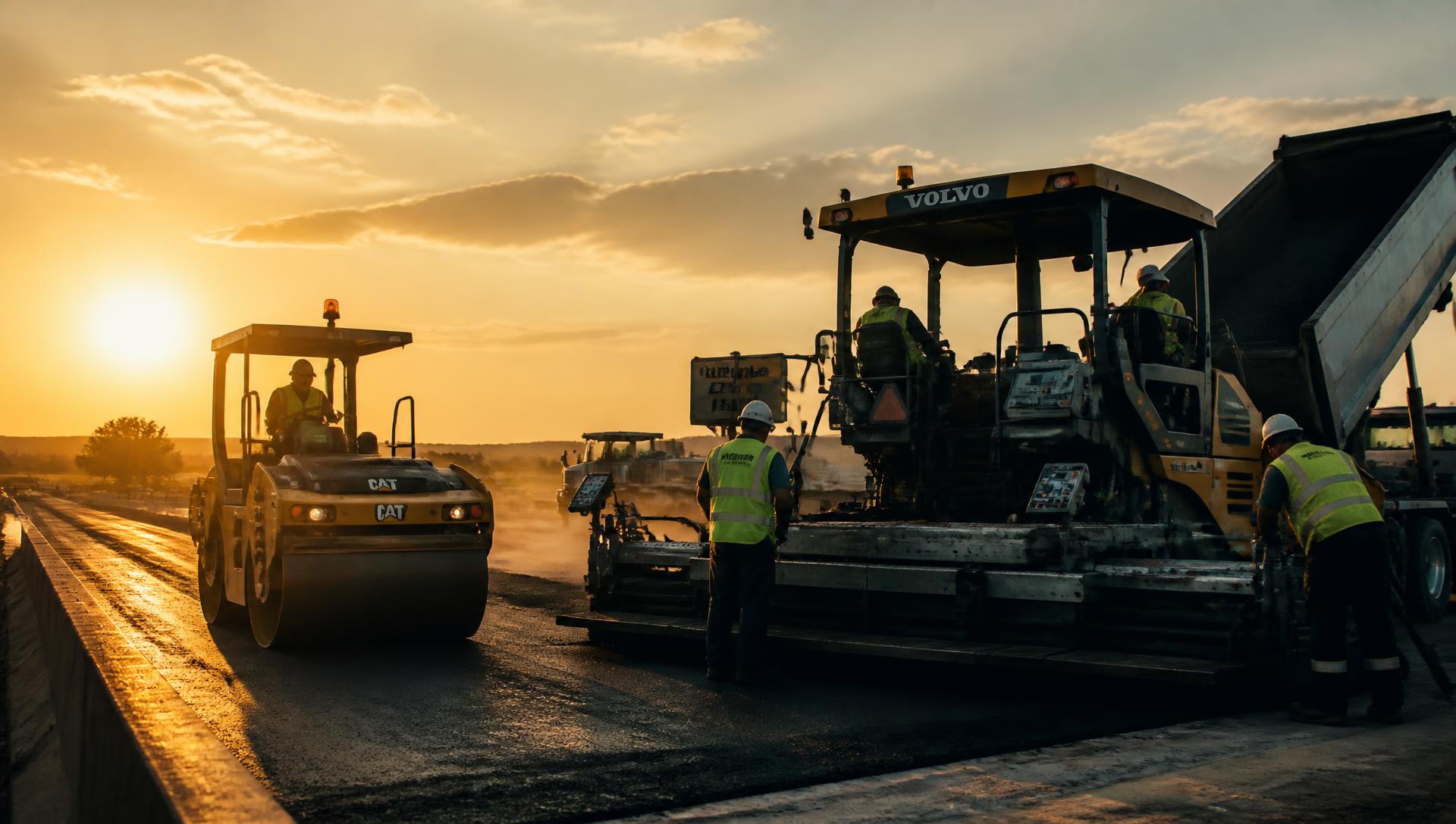 Paving crew laying asphalt on a highway at sunset